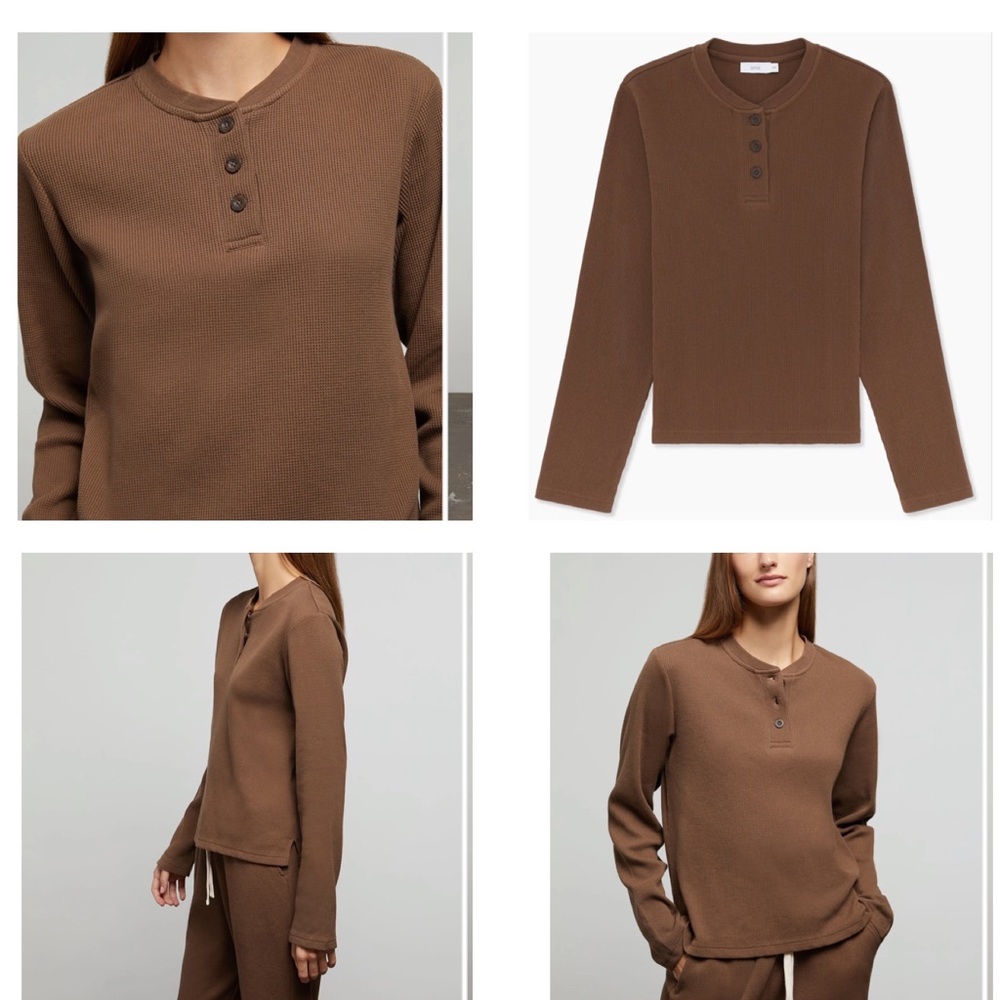 ONIA Women’s Brown Cotton Waffle Henley Long Sleeve Top Size L NWT